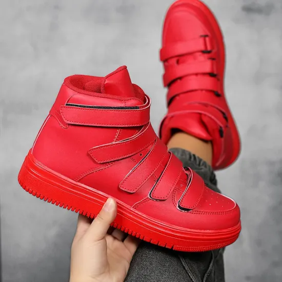 Hot OUKU Men's Red High-Top Velcro Sneakers with Non-Slip Sole - Stylish Casual Footwear