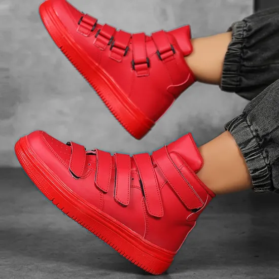 Hot OUKU Men's Red High-Top Velcro Sneakers with Non-Slip Sole - Stylish Casual Footwear