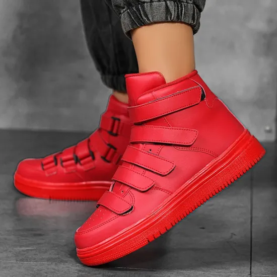 Hot OUKU Men's Red High-Top Velcro Sneakers with Non-Slip Sole - Stylish Casual Footwear