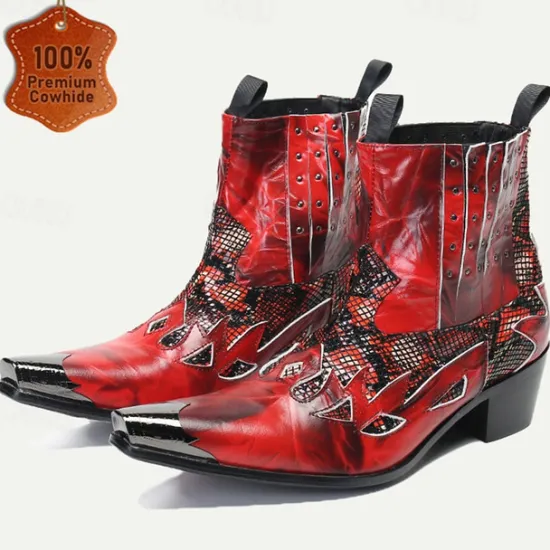 Hot OUKU Men's Snakeskin Leather Motorcycle Boots–Western Style Studded Pointed Toe Ankle Boots with Gold Tip Flame Cut-Out Design for Bold Fashion Red