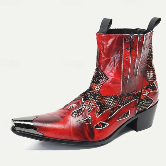 Hot OUKU Men's Snakeskin Leather Motorcycle Boots–Western Style Studded Pointed Toe Ankle Boots with Gold Tip Flame Cut-Out Design for Bold Fashion Red