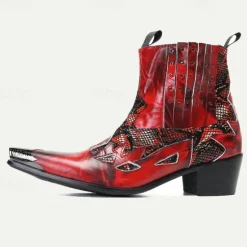 Hot OUKU Men's Snakeskin Leather Motorcycle Boots–Western Style Studded Pointed Toe Ankle Boots with Gold Tip Flame Cut-Out Design for Bold Fashion Red