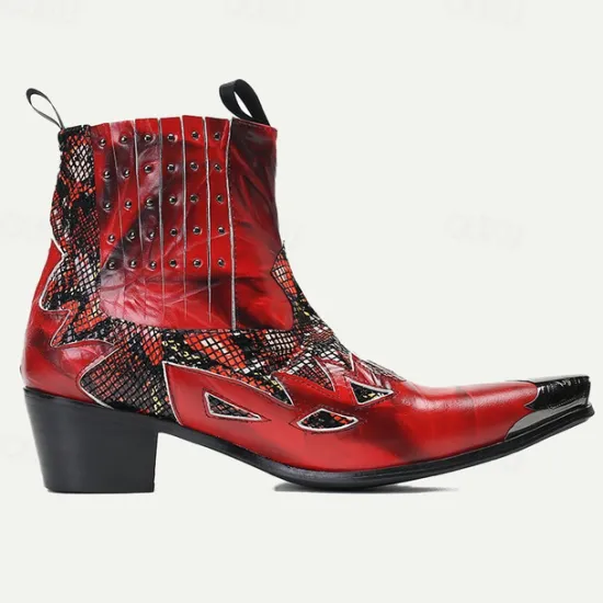 Hot OUKU Men's Snakeskin Leather Motorcycle Boots–Western Style Studded Pointed Toe Ankle Boots with Gold Tip Flame Cut-Out Design for Bold Fashion Red
