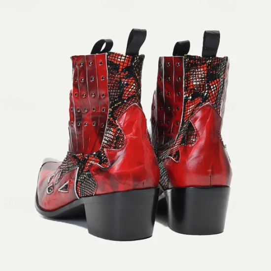 Hot OUKU Men's Snakeskin Leather Motorcycle Boots–Western Style Studded Pointed Toe Ankle Boots with Gold Tip Flame Cut-Out Design for Bold Fashion Red