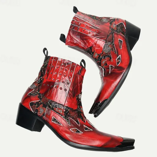 Hot OUKU Men's Snakeskin Leather Motorcycle Boots–Western Style Studded Pointed Toe Ankle Boots with Gold Tip Flame Cut-Out Design for Bold Fashion Red