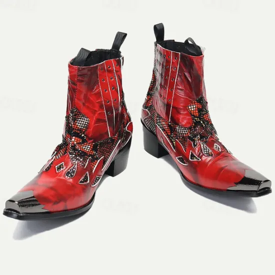 Hot OUKU Men's Snakeskin Leather Motorcycle Boots–Western Style Studded Pointed Toe Ankle Boots with Gold Tip Flame Cut-Out Design for Bold Fashion Red