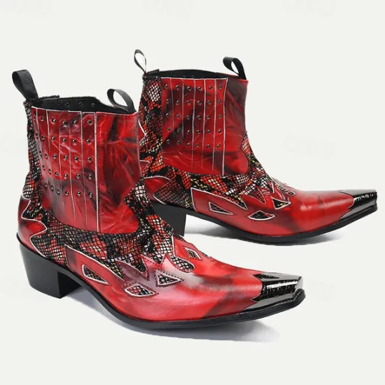Hot OUKU Men's Snakeskin Leather Motorcycle Boots–Western Style Studded Pointed Toe Ankle Boots with Gold Tip Flame Cut-Out Design for Bold Fashion Red