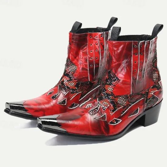 Hot OUKU Men's Snakeskin Leather Motorcycle Boots–Western Style Studded Pointed Toe Ankle Boots with Gold Tip Flame Cut-Out Design for Bold Fashion Red