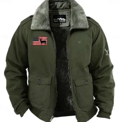 Outlet OUKU Men's Reindeer American US Flag Embroidered Fleece Jacket Cargo Jacket Long Sleeve Military Tactical Thermal Warm Coat Vintage Casual Style Cotton Bomber Jacket with Turn-down Collar khaki Army Green