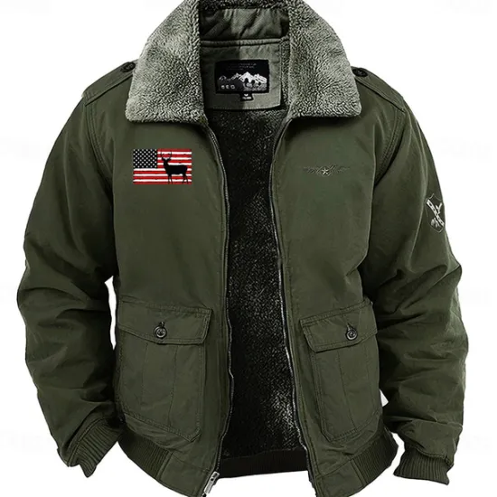 Outlet OUKU Men's Reindeer American US Flag Embroidered Fleece Jacket Cargo Jacket Long Sleeve Military Tactical Thermal Warm Coat Vintage Casual Style Cotton Bomber Jacket with Turn-down Collar khaki Army Green
