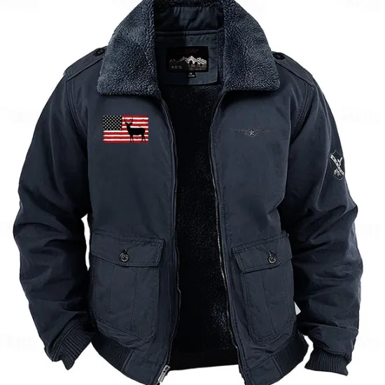 Outlet OUKU Men's Reindeer American US Flag Embroidered Fleece Jacket Cargo Jacket Long Sleeve Military Tactical Thermal Warm Coat Vintage Casual Style Cotton Bomber Jacket with Turn-down Collar khaki Army Green