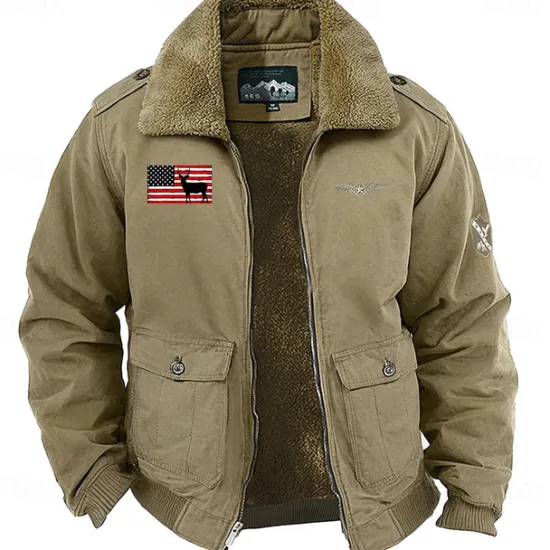 Outlet OUKU Men's Reindeer American US Flag Embroidered Fleece Jacket Cargo Jacket Long Sleeve Military Tactical Thermal Warm Coat Vintage Casual Style Cotton Bomber Jacket with Turn-down Collar khaki Army Green