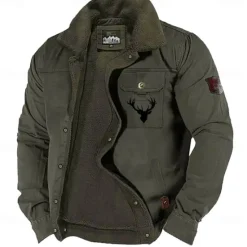 OUKU Men's Reindeer Print Embroidered Fleece Jacket Sherpa Hunting Jacket Work Cargo Jacket Turn-Down Collar Warm Winter Cotton Jacket Vintage Casual Going Out Coat Multi-Pockets