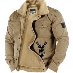 Discount OUKU Men's Reindeer Print Embroidered Fleece Jacket Sherpa Hunting Jacket Work Cargo Jacket Turn-Down Collar Warm Winter Cotton Jacket Vintage Casual Going Out Coat Multi-Pockets