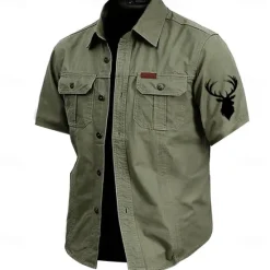 Best OUKU Men's Reindeer Work Shirt Western Shirt Cargo Shirt Short Sleeve Casual Tactical Sports Outdoor WorkWear Summer Spring Turndown Front Two Pockets Cotton Button Up Shirts Army Green Khaki Dark Blue