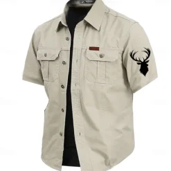 Best OUKU Men's Reindeer Work Shirt Western Shirt Cargo Shirt Short Sleeve Casual Tactical Sports Outdoor WorkWear Summer Spring Turndown Front Two Pockets Cotton Button Up Shirts Army Green Khaki Dark Blue