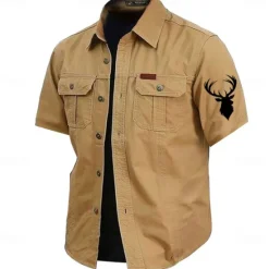 Best OUKU Men's Reindeer Work Shirt Western Shirt Cargo Shirt Short Sleeve Casual Tactical Sports Outdoor WorkWear Summer Spring Turndown Front Two Pockets Cotton Button Up Shirts Army Green Khaki Dark Blue