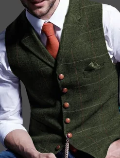 Outlet OUKU Men's Retro Vintage Vest Herringbone Tailored Fit Notch Single Breasted More-button Blue Green Khaki 2023