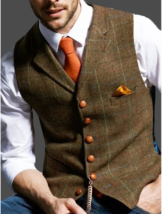 Outlet OUKU Men's Retro Vintage Vest Herringbone Tailored Fit Notch Single Breasted More-button Blue Green Khaki 2023
