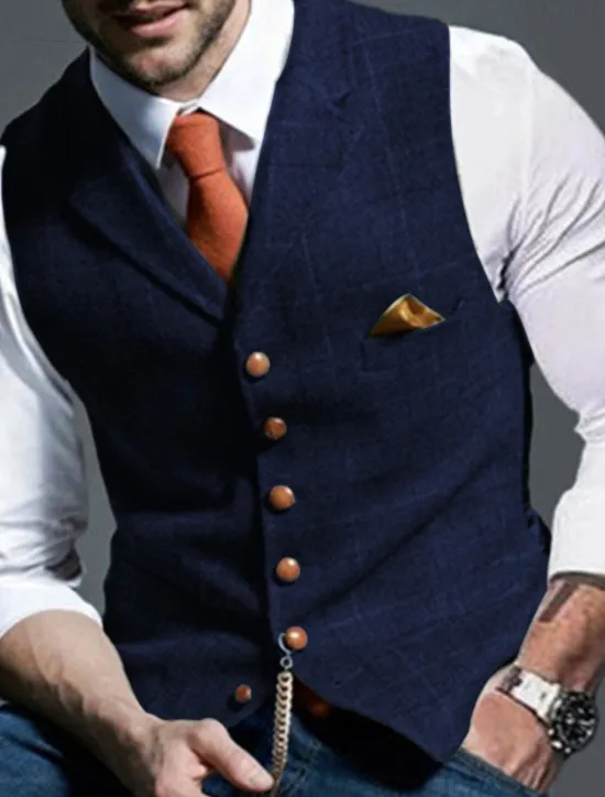 Outlet OUKU Men's Retro Vintage Vest Herringbone Tailored Fit Notch Single Breasted More-button Blue Green Khaki 2023