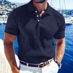 Online OUKU Men's Rib Knit Top Golf Polos Shirts Work Casual Lapel Ribbed Polo Collar Short Sleeve Basic Modern Color Block Buttons Knitted Summer Spring & Summer Regular Fit White Yellow Burgundy Navy Blue