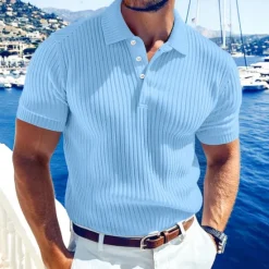 Online OUKU Men's Rib Knit Top Golf Polos Shirts Work Casual Lapel Ribbed Polo Collar Short Sleeve Basic Modern Color Block Buttons Knitted Summer Spring & Summer Regular Fit White Yellow Burgundy Navy Blue
