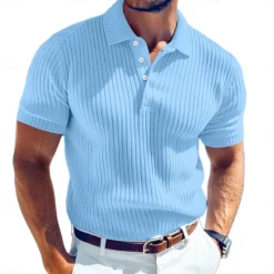 Online OUKU Men's Rib Knit Top Golf Polos Shirts Work Casual Lapel Ribbed Polo Collar Short Sleeve Basic Modern Color Block Buttons Knitted Summer Spring & Summer Regular Fit White Yellow Burgundy Navy Blue