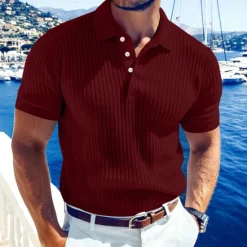 Online OUKU Men's Rib Knit Top Golf Polos Shirts Work Casual Lapel Ribbed Polo Collar Short Sleeve Basic Modern Color Block Buttons Knitted Summer Spring & Summer Regular Fit White Yellow Burgundy Navy Blue