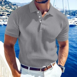 Online OUKU Men's Rib Knit Top Golf Polos Shirts Work Casual Lapel Ribbed Polo Collar Short Sleeve Basic Modern Color Block Buttons Knitted Summer Spring & Summer Regular Fit White Yellow Burgundy Navy Blue
