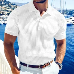 Online OUKU Men's Rib Knit Top Golf Polos Shirts Work Casual Lapel Ribbed Polo Collar Short Sleeve Basic Modern Color Block Buttons Knitted Summer Spring & Summer Regular Fit White Yellow Burgundy Navy Blue