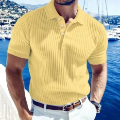 Online OUKU Men's Rib Knit Top Golf Polos Shirts Work Casual Lapel Ribbed Polo Collar Short Sleeve Basic Modern Color Block Buttons Knitted Summer Spring & Summer Regular Fit White Yellow Burgundy Navy Blue