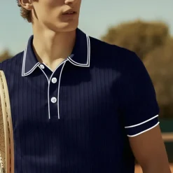 New OUKU Men's Rib Knit Top Golf Shirt Casual Holiday Lapel Ribbed Polo Collar Short Sleeve Fashion Basic Plain Button Soft Summer Spring Fall Regular Fit Navy-blue Red Blue Gray Rib Knit Top