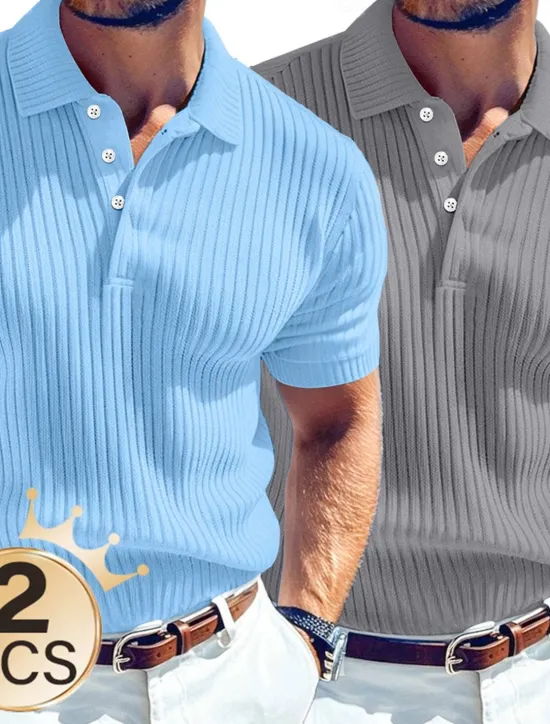 New OUKU Men's Rib Knit Top Vacation Casual Lapel Classic Short Sleeve Basic Modern Solid Colored Buttons Summer Blue + White Blue + Red Blue + Gray Blue + Navy Navy + white Rib Knit Top