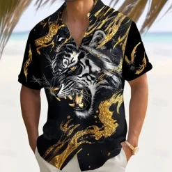 Sale OUKU Men's Roaring Animal Tiger Shirt Summer Shirt Button Up Shirt Short Sleeve Dark Outdoor Vacation Dailywear Summer Spring Turndown 3D Print Collared Shirts Front One Pocket Red Blue Gold Green