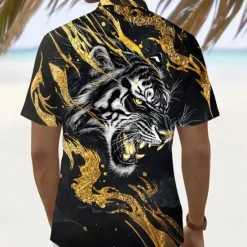 Sale OUKU Men's Roaring Animal Tiger Shirt Summer Shirt Button Up Shirt Short Sleeve Dark Outdoor Vacation Dailywear Summer Spring Turndown 3D Print Collared Shirts Front One Pocket Red Blue Gold Green