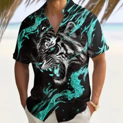 Sale OUKU Men's Roaring Animal Tiger Shirt Summer Shirt Button Up Shirt Short Sleeve Dark Outdoor Vacation Dailywear Summer Spring Turndown 3D Print Collared Shirts Front One Pocket Red Blue Gold Green