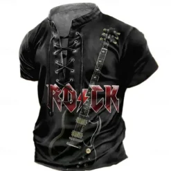 Discount OUKU Men's Rock Guitar T shirt Tee Short Sleeve T shirt 3D Print Lace Up Neck Shirt Casual Daily Spring & Summer Clothing Apparel S M L XL XXL 3XL Black