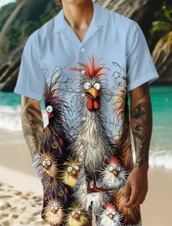 Best OUKU Men's Rooster 2pcs Shirts Sets Summer Tops Short Sleeve Short Pants Cuban Collar Vacation Casual Daily Party Casual Daily 3D Print Summer Robin's Egg Blue White Yellow