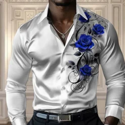 OUKU Men's Rose Casual Shirt Button Up Shirt Long Sleeve Fashion Casual Party Casual Spring Fall Turndown Button Up Black Yellow Red Blue