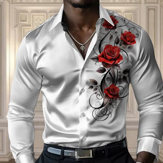 OUKU Men's Rose Casual Shirt Button Up Shirt Long Sleeve Fashion Casual Party Casual Spring Fall Turndown Button Up Black Yellow Red Blue