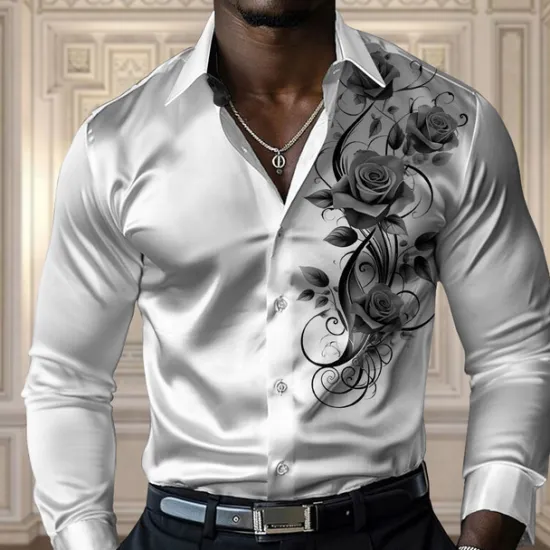 OUKU Men's Rose Casual Shirt Button Up Shirt Long Sleeve Fashion Casual Party Casual Spring Fall Turndown Button Up Black Yellow Red Blue