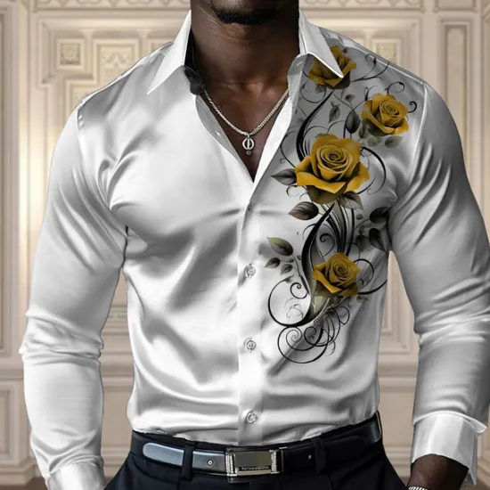 OUKU Men's Rose Casual Shirt Button Up Shirt Long Sleeve Fashion Casual Party Casual Spring Fall Turndown Button Up Black Yellow Red Blue
