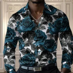 Sale OUKU Men's Rose Casual Shirt Button Up Shirt Long Sleeve Fashion Casual Party Casual Spring Fall Turndown Button Up Yellow Red Blue Purple