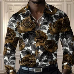 Sale OUKU Men's Rose Casual Shirt Button Up Shirt Long Sleeve Fashion Casual Party Casual Spring Fall Turndown Button Up Yellow Red Blue Purple