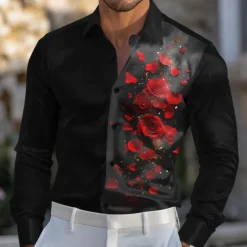 OUKU Men's Rose Floral / Flower Satin Shirt Dress Shirt Button Up Shirt Long Sleeve Fashion Casual Wedding Vacation Evening Party Summer Spring Turndown Collared Shirts 3D Print Yellow Red Blue Purple