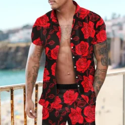 Clearance OUKU Men's Rose Floral 2pcs Shirts Sets Summer Hawaiian Shirt Short Sleeve Short Pants Turndown Fashion Hawaiian Designer Outdoor Vacation Beach 3D Print Button-Down Summer Spring Yellow Red Purple