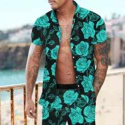 Clearance OUKU Men's Rose Floral 2pcs Shirts Sets Summer Hawaiian Shirt Short Sleeve Short Pants Turndown Fashion Hawaiian Designer Outdoor Vacation Beach 3D Print Button-Down Summer Spring Yellow Red Purple