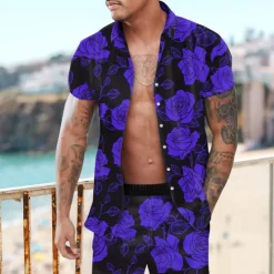 Clearance OUKU Men's Rose Floral 2pcs Shirts Sets Summer Hawaiian Shirt Short Sleeve Short Pants Turndown Fashion Hawaiian Designer Outdoor Vacation Beach 3D Print Button-Down Summer Spring Yellow Red Purple