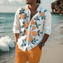 Discount OUKU Men's Rose Shirt Western Shirt Cowboy Shirt Long Sleeve Hawaiian Casual Daily Wear Going out Spring Turndown Print Button-Down Red Blue Purple Orange