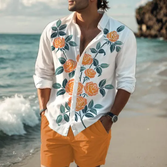 Discount OUKU Men's Rose Shirt Western Shirt Cowboy Shirt Long Sleeve Hawaiian Casual Daily Wear Going out Spring Turndown Print Button-Down Red Blue Purple Orange